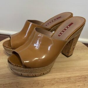 Prada size 35.5 Tan Patent Leather Cork Platform Mules